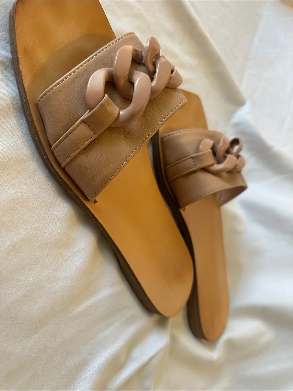 ShuShop Tan Chain-Accent Slide Sandals - Women